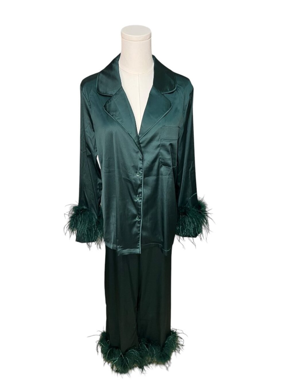 NovaLuxe Emerald Green Satin Feather Trim Pajama Set Size S